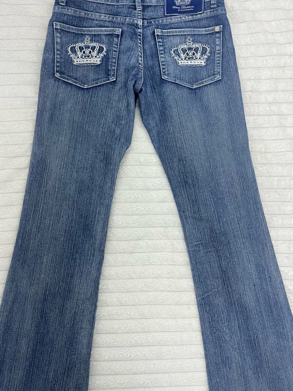 Victoria Beckham Blue Denim Boot-Cut Jeans with Crown Embroidery